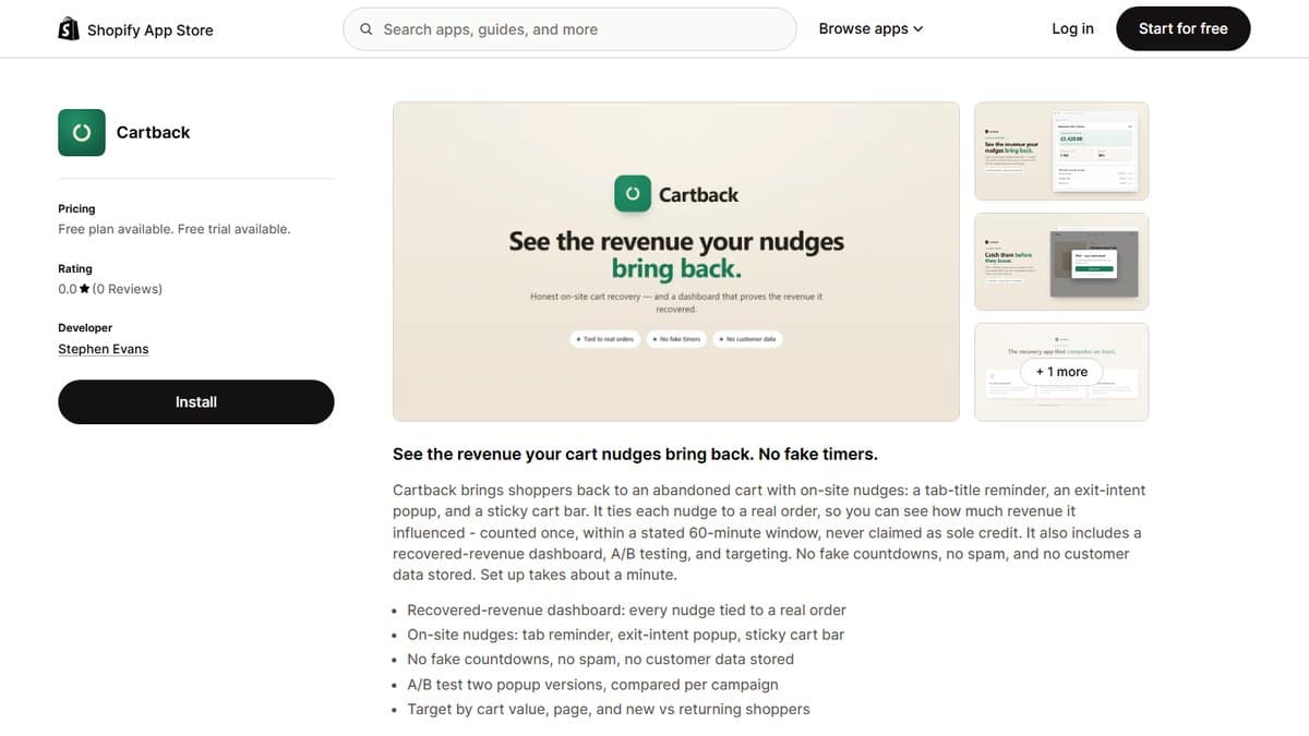 Cartback on the Shopify App Store